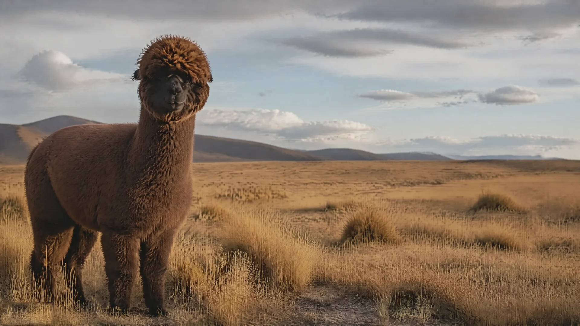 Un alpaca dal vello bruno nell'altopiano andino alla luce bassa del tramonto.