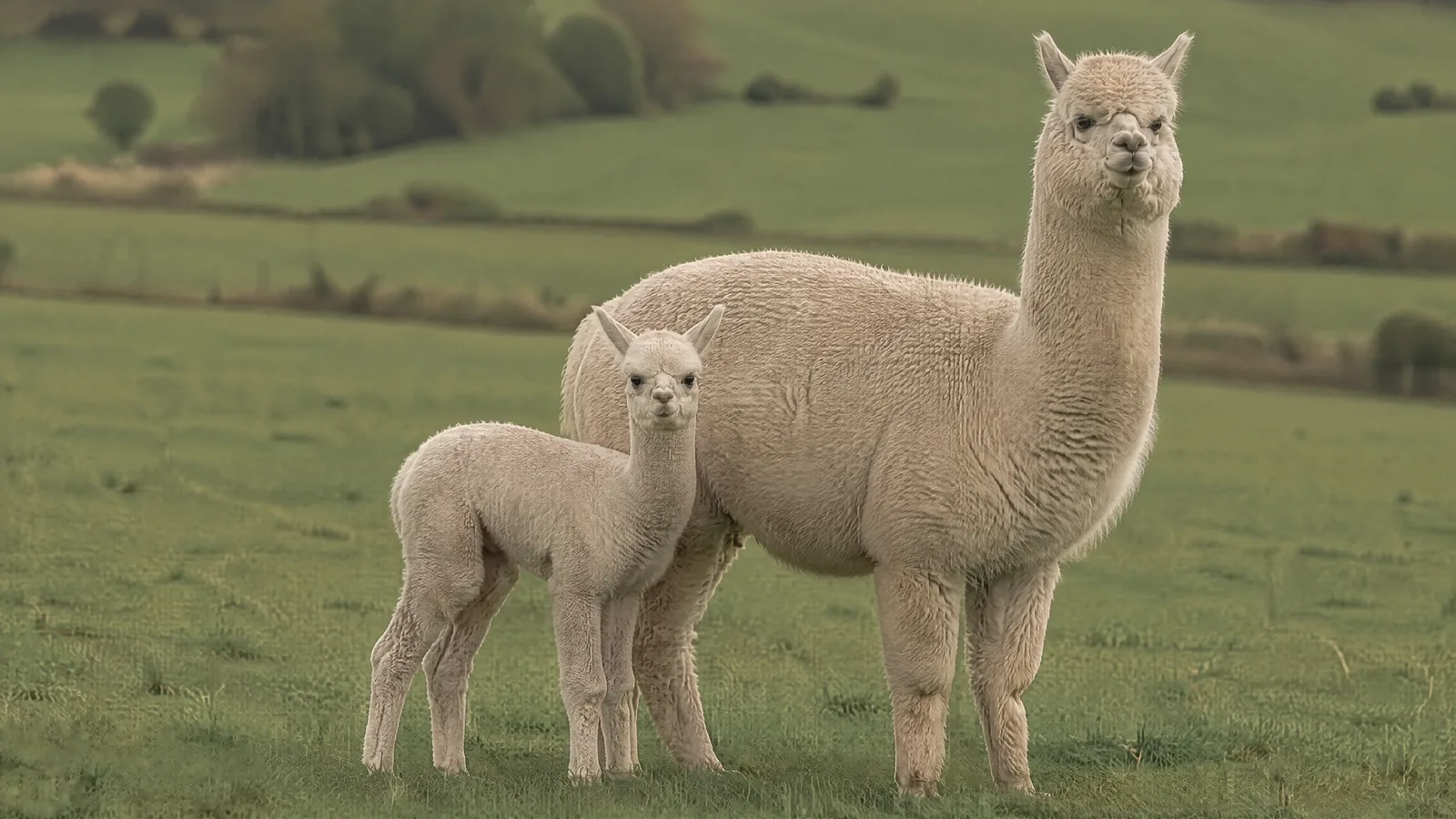 Un cria di alpaca accanto agli adulti.